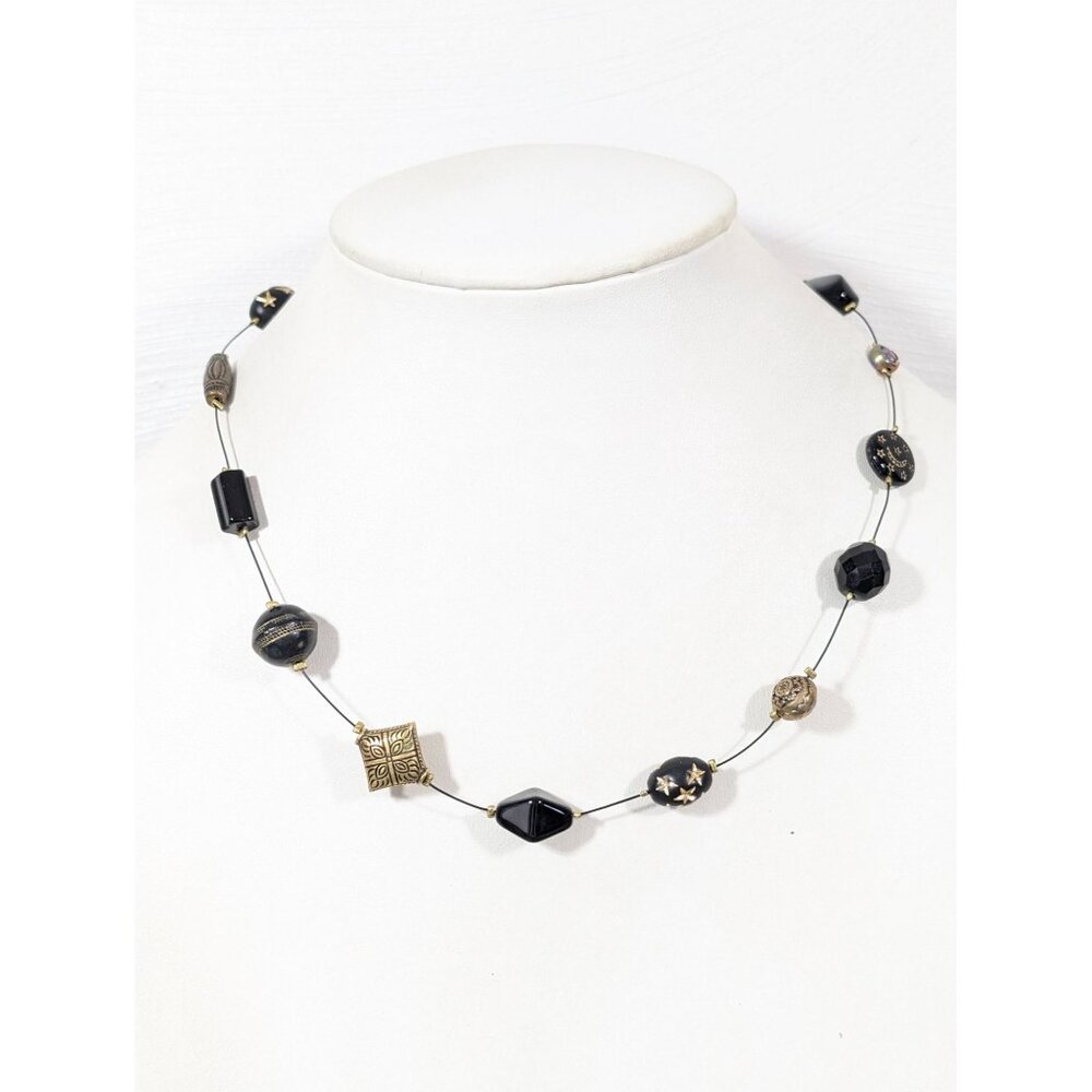 VTG‎ Lonnie Lovness Black Gold Tone Star Bead Wire Station Necklace 20"
